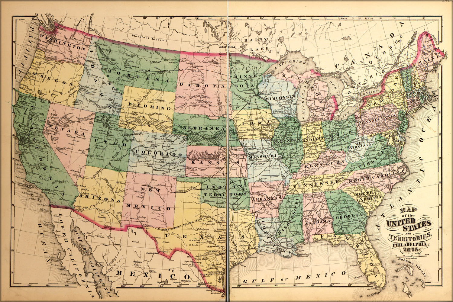 24"x36" Gallery Poster, map of United States of america 1878 P5