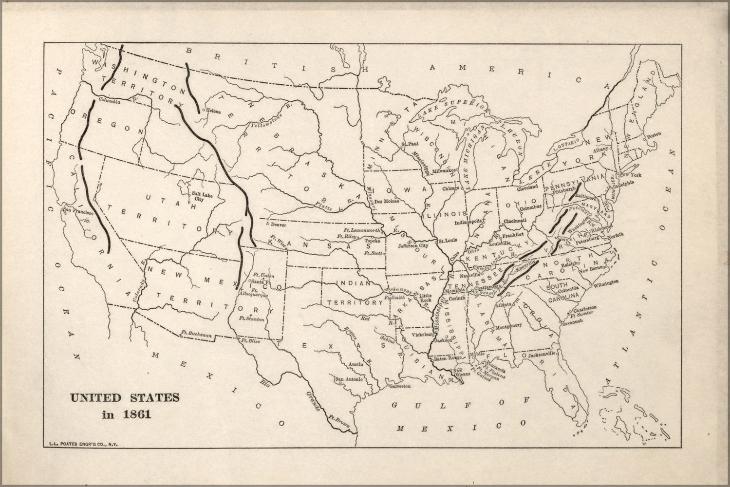24"x36" Gallery Poster, map of United States of america in 1861
