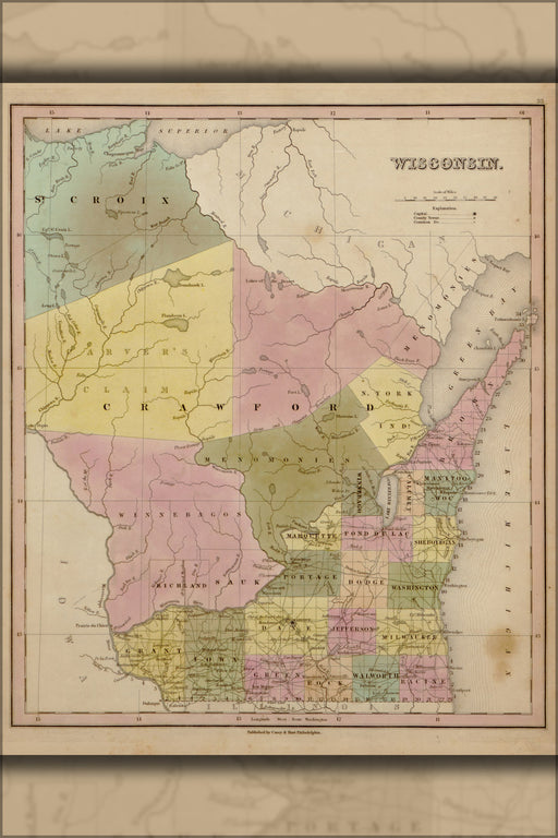 24"x36" Gallery Poster, map of Wisconsin 1844