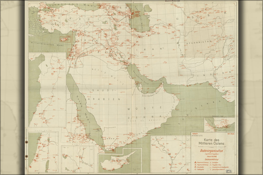 24"x36" Gallery Poster, map of airports of the middle east 1943 in german