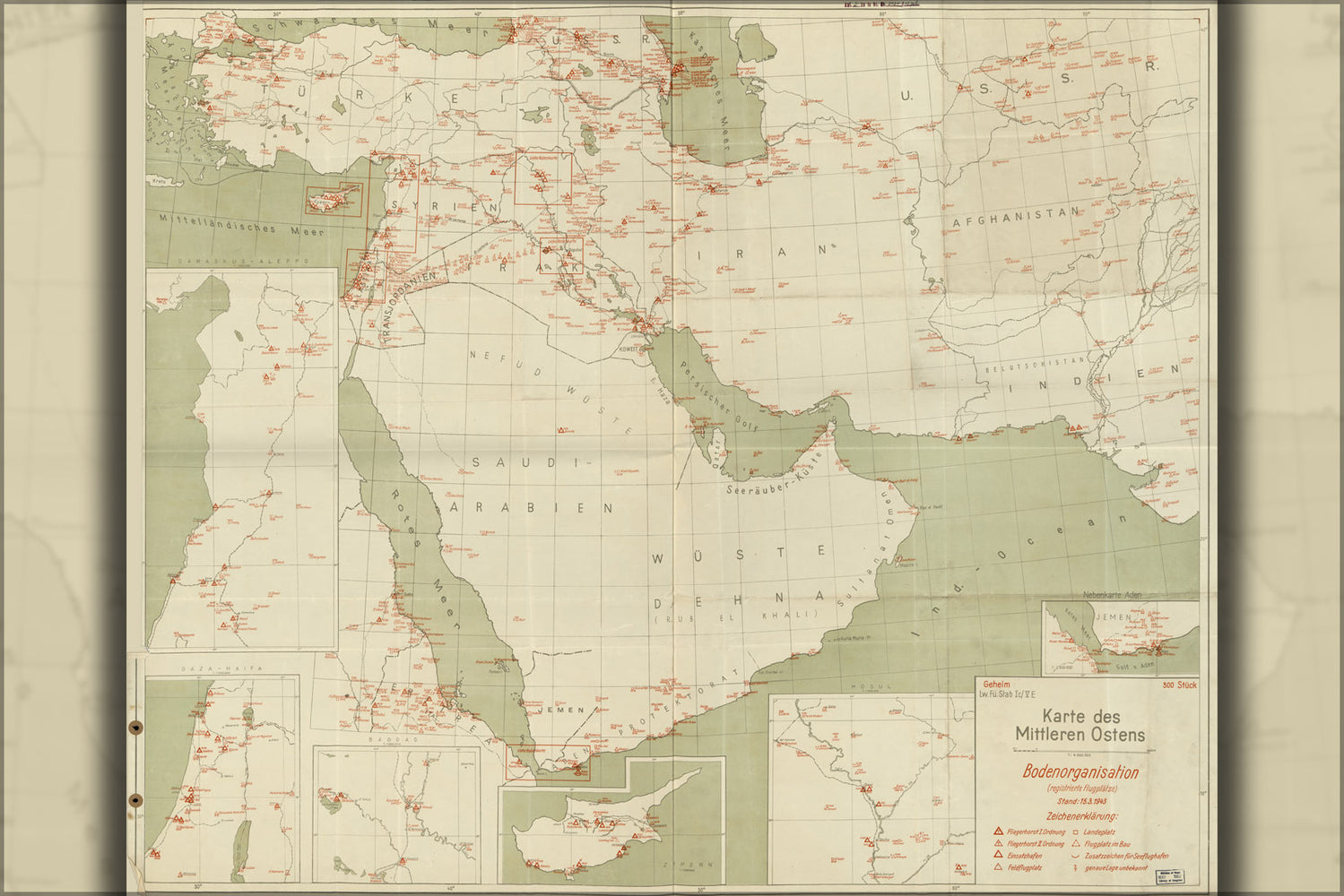 24"x36" Gallery Poster, map of airports of the middle east 1943 in german