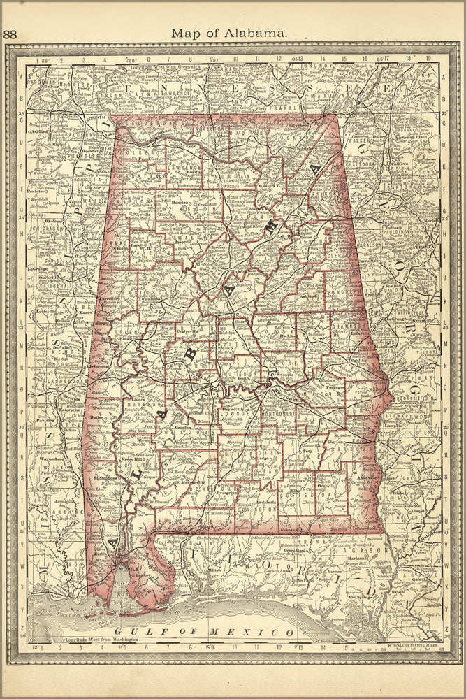 24"x36" Gallery Poster, map of alabama 1881