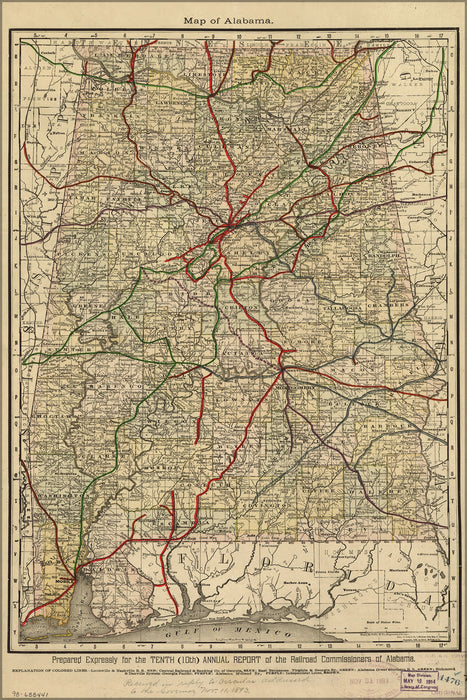 24"x36" Gallery Poster, map of alabama with railroad network 1888