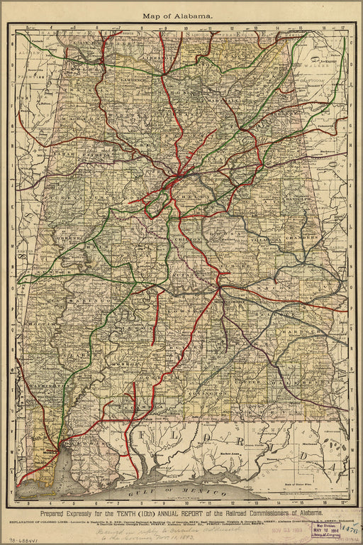 24"x36" Gallery Poster, map of alabama with railroad network 1888