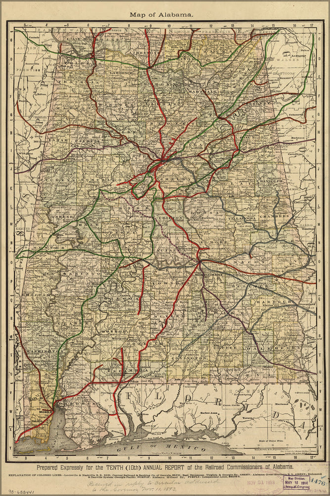 24"x36" Gallery Poster, map of alabama with railroad network 1888