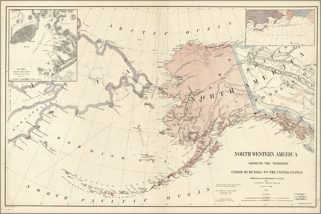 24"x36" Gallery Poster, map of alaska ceded from russia to U.S.A. 1867