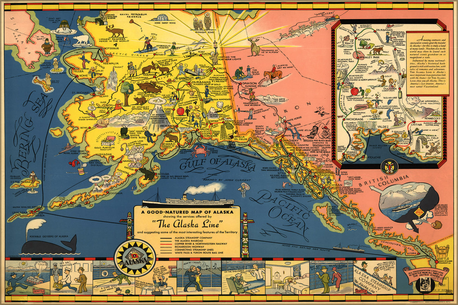 24"x36" Gallery Poster, map of alaska steamship line 1934