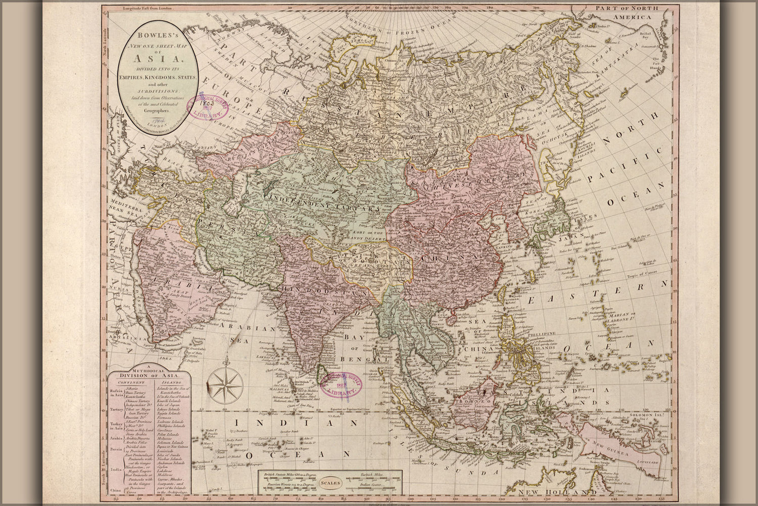 24"x36" Gallery Poster, map of asia 1791; india russia china japan