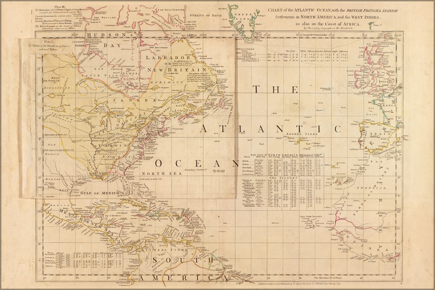 24"x36" Gallery Poster, map of atlantic ocean america West Indies 1768