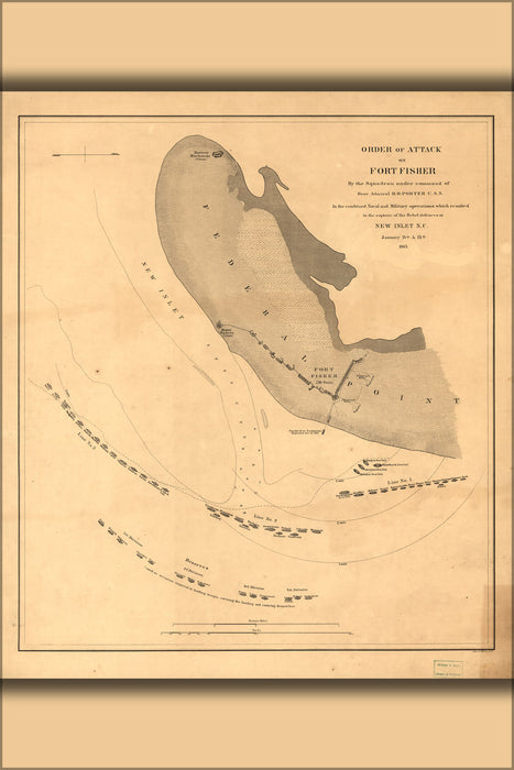24"x36" Gallery Poster, map of attack on Fort Fisher north carolina 1865