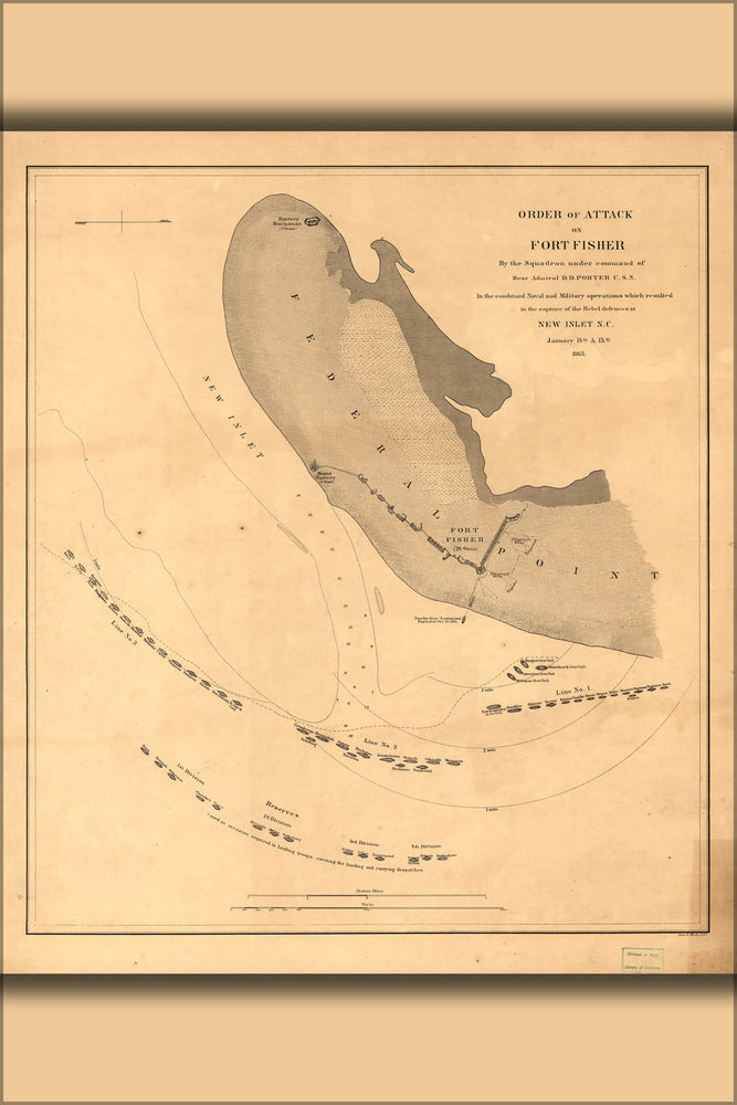 24"x36" Gallery Poster, map of attack on Fort Fisher north carolina 1865