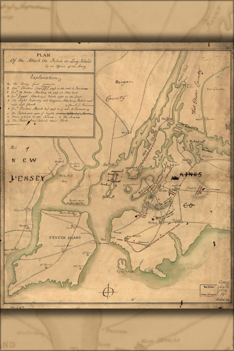 24"x36" Gallery Poster, map of attack on Long Island new york city 1776