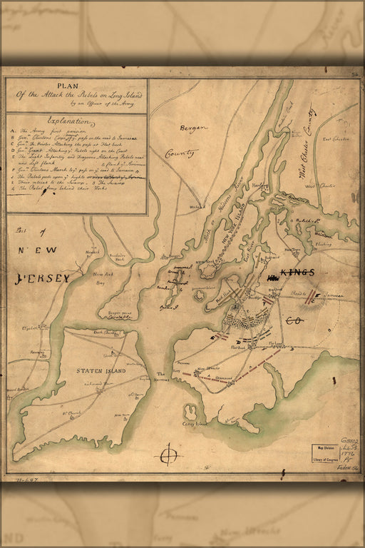 24"x36" Gallery Poster, map of attack on Long Island new york city 1776