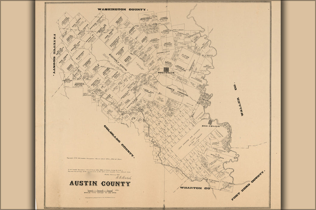 24"x36" Gallery Poster, map of austin county texas 1879