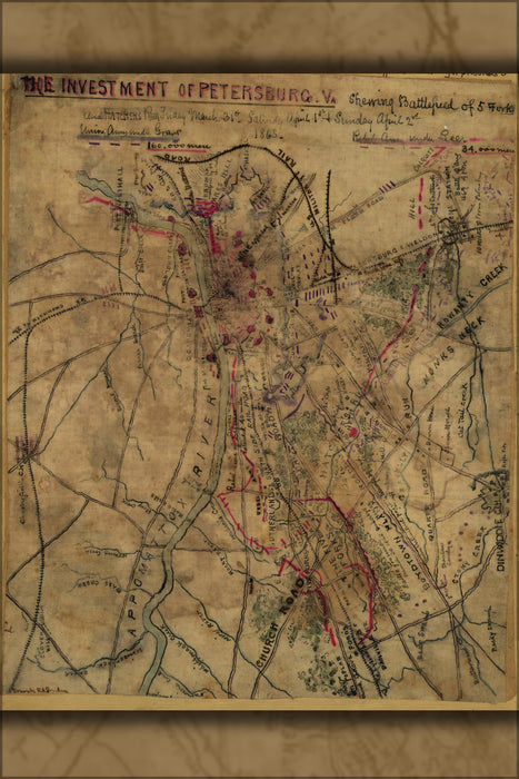 24"x36" Gallery Poster, map of battle Investment Petersburg virginia 1865