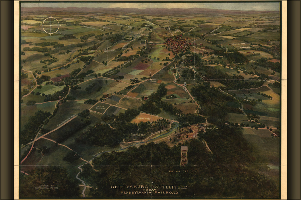 24"x36" Gallery Poster, map of battle field of Gettysburg today pub 1913