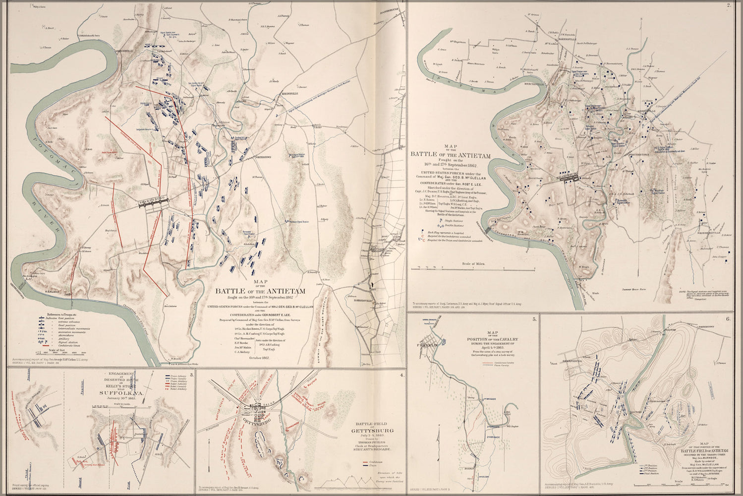 24"x36" Gallery Poster, map of battle of Antietam, Md.; Suffolk, Va.; Gettysburg, Md