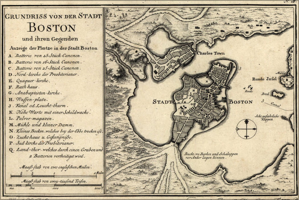 24"x36" Gallery Poster, map of boston 1758 in german