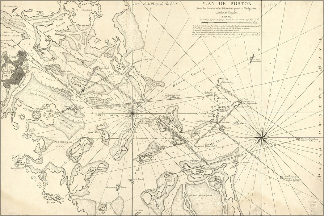 24"x36" Gallery Poster, map of boston harbor 1777 in french