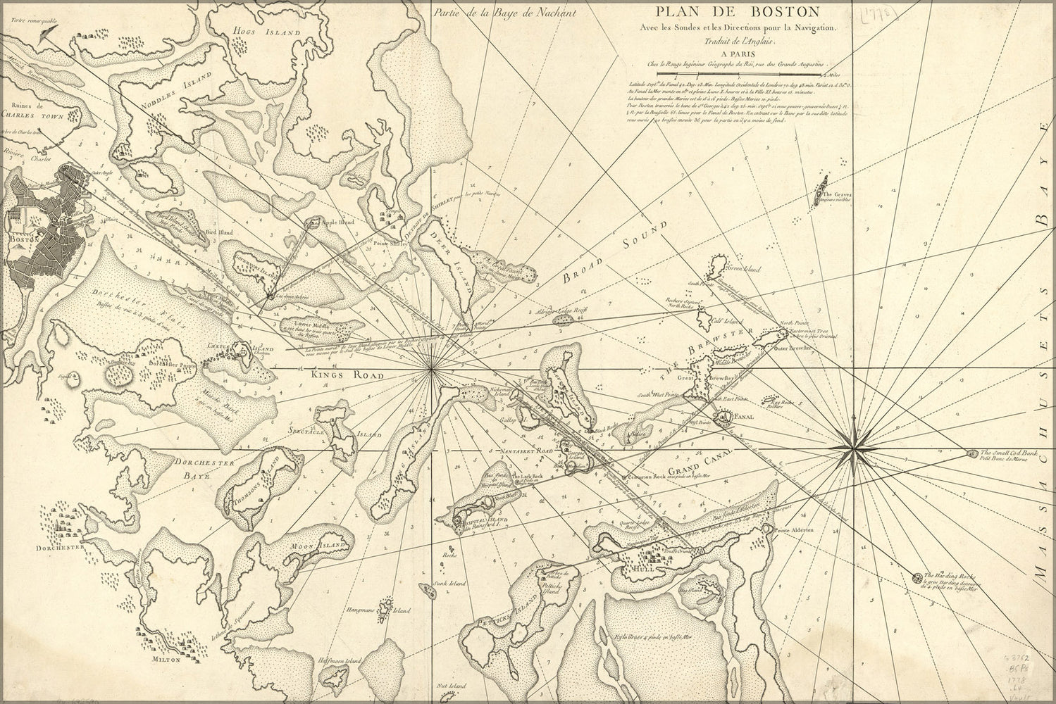 24"x36" Gallery Poster, map of boston harbor 1777 in french