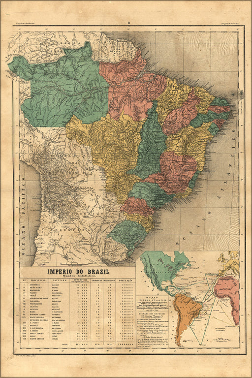 24"x36" Gallery Poster, map of brazil 1868 in portuguese