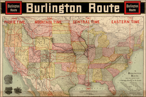 24"x36" Gallery Poster, map of burlington railroad route 1892