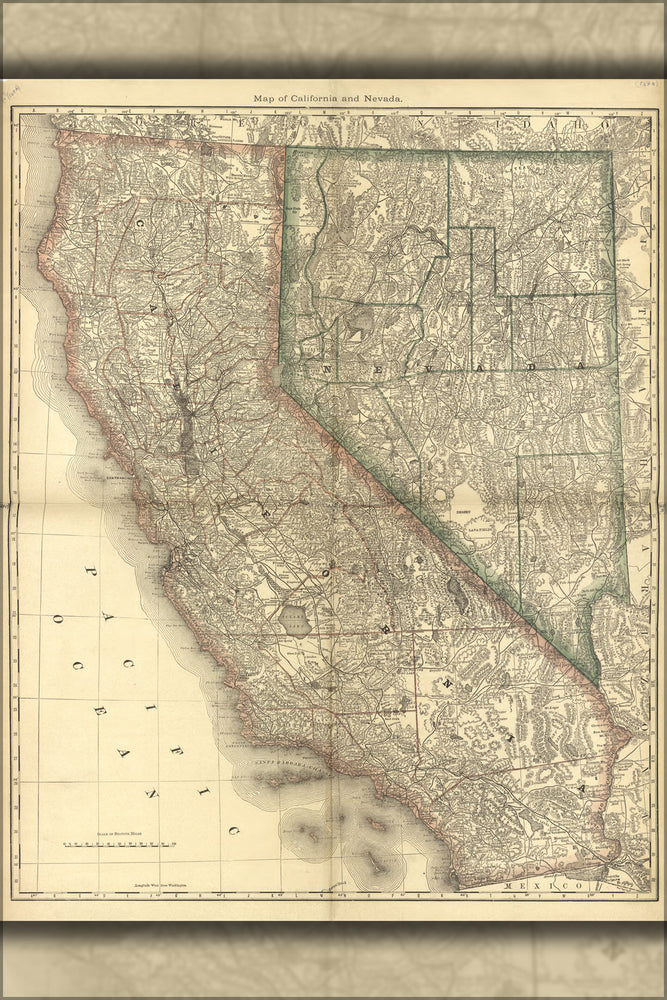 24"x36" Gallery Poster, map of california & nevada 1881