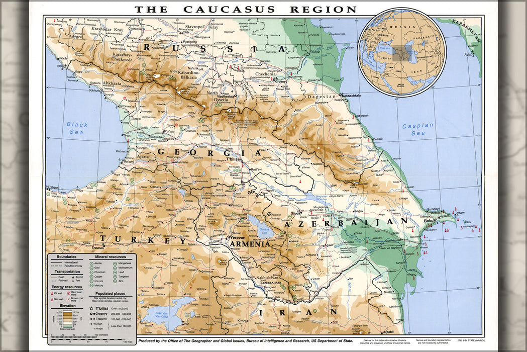 24"x36" Gallery Poster, map of caucasus georgia armenia azerbaijan 1994