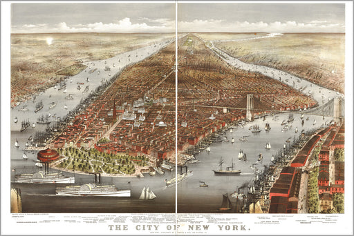 24"x36" Gallery Poster, map of city of New York 1876 by currier and ives