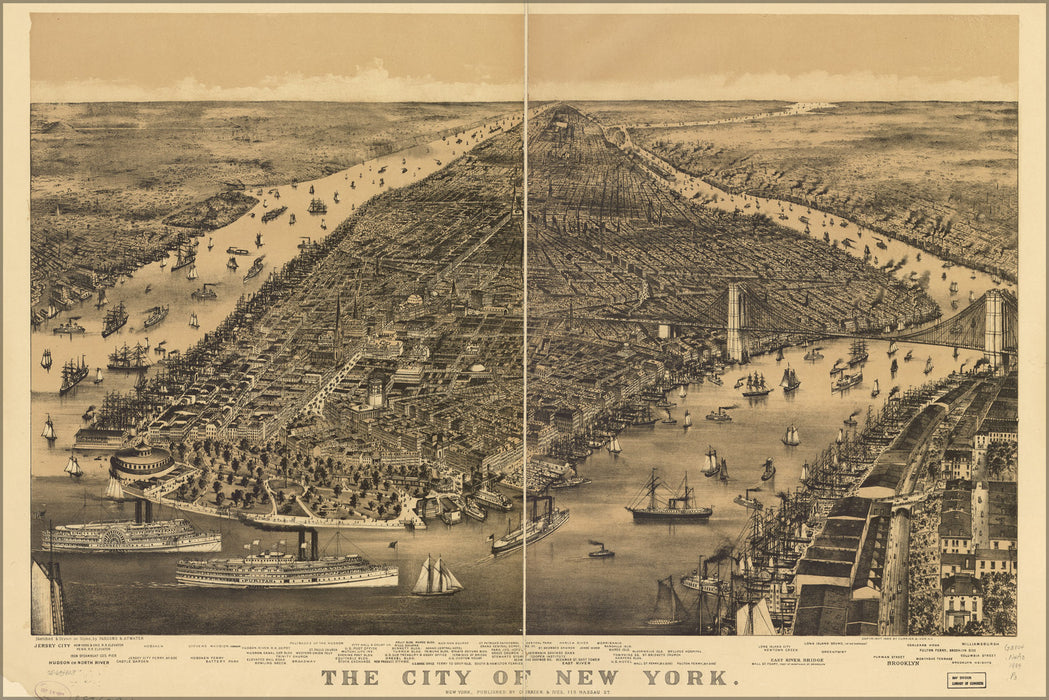 24"x36" Gallery Poster, map of city of New York 1889 currier and ives