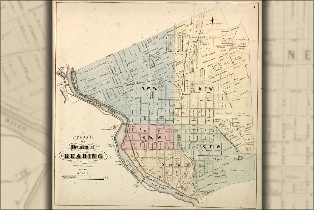 24"x36" Gallery Poster, map of city of Reading pennsylvania 1862