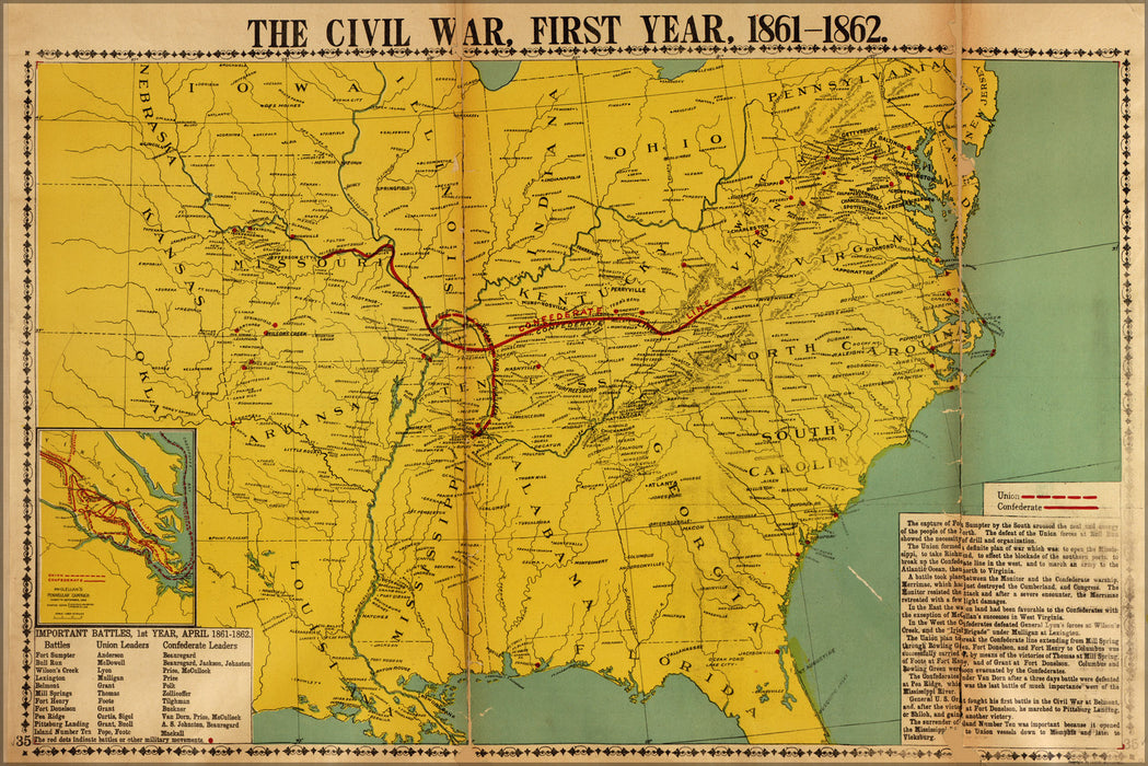 24"x36" Gallery Poster, map of civil war first year 1861-1862 pub 1919