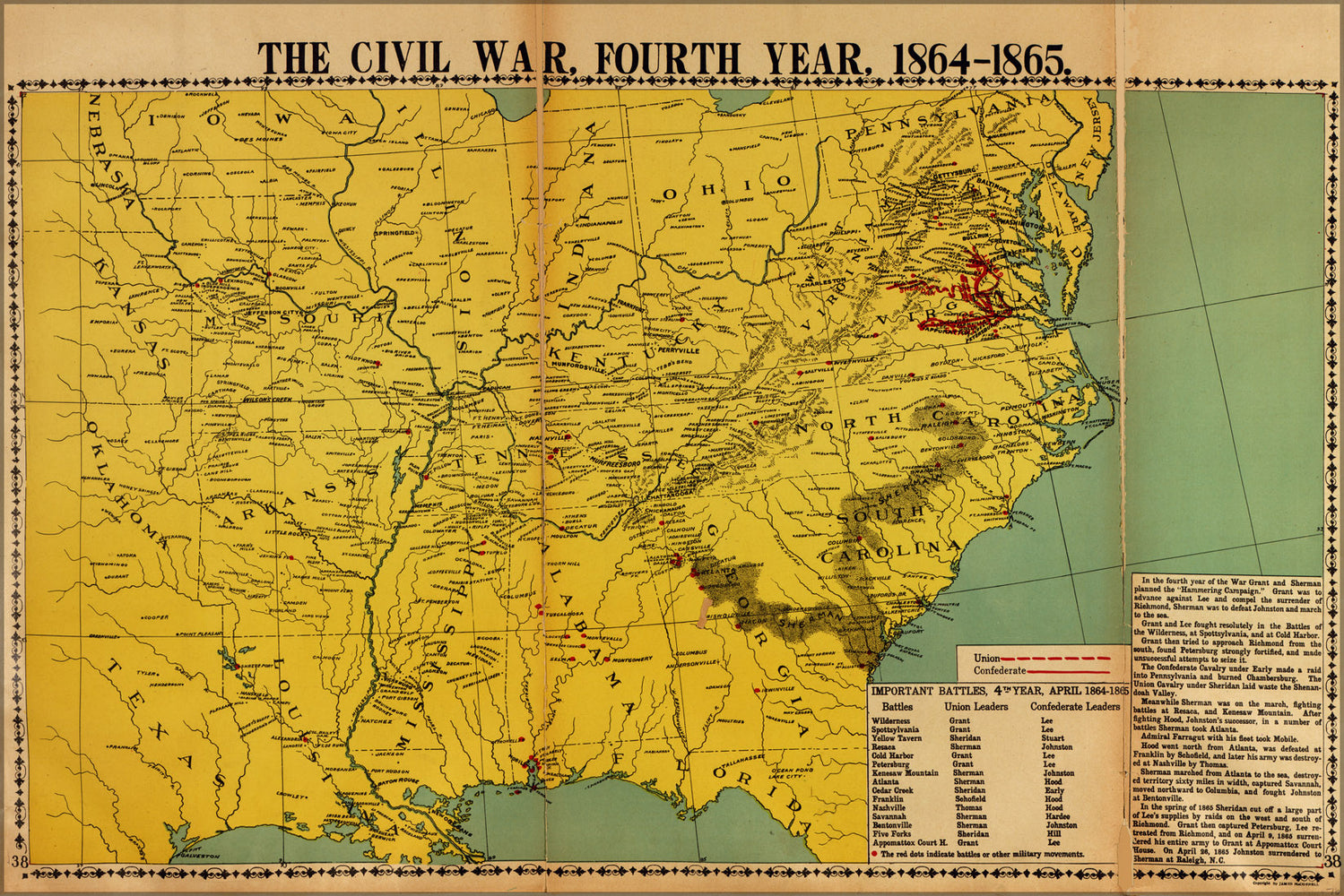 24"x36" Gallery Poster, map of civil war fourth year 1864-1865 pub 1919