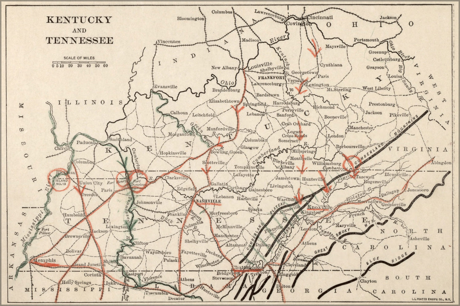 24"x36" Gallery Poster, map of civil war in Kentucky & Tennessee