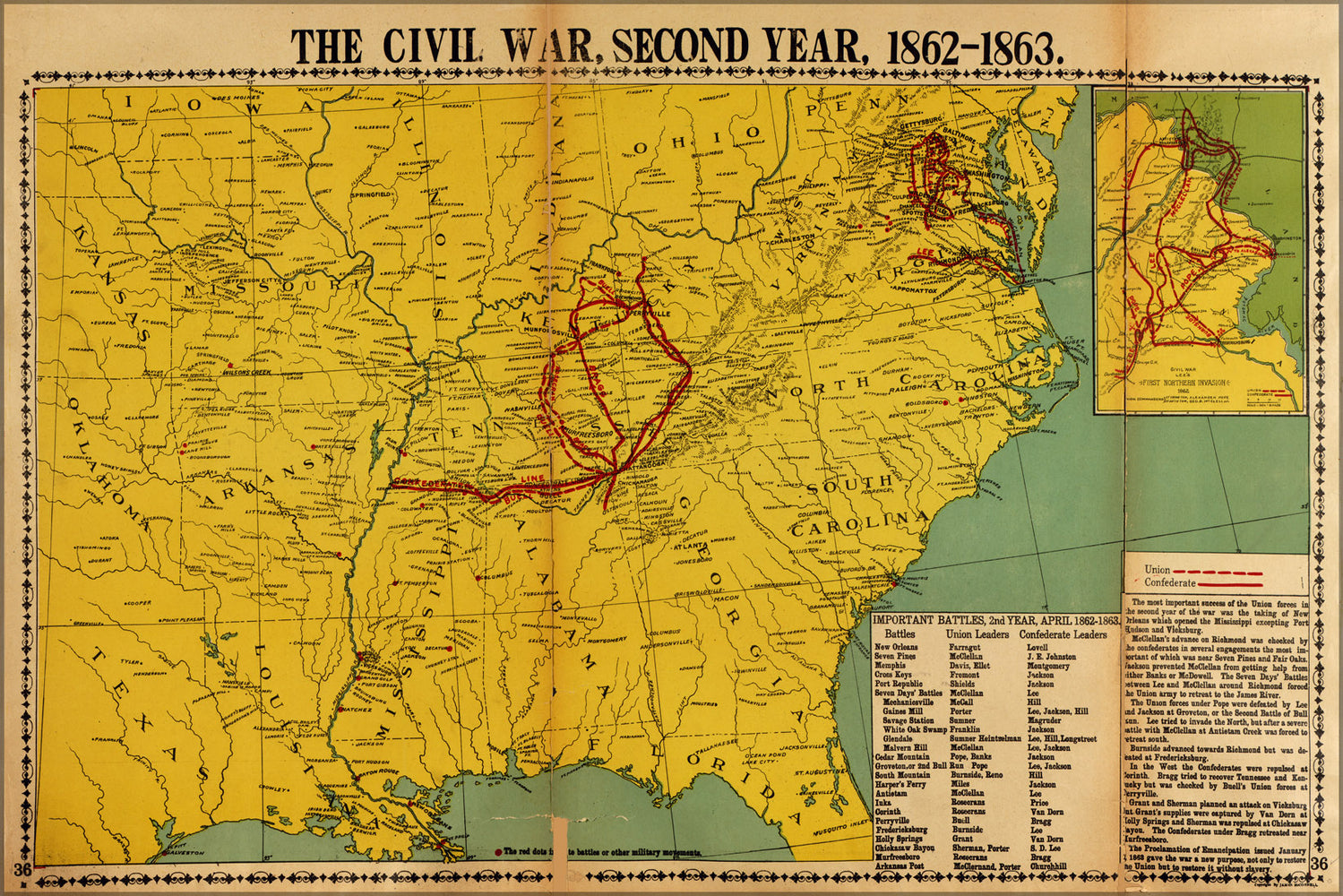 24"x36" Gallery Poster, map of civil war second year 1862-1863 pub 1919