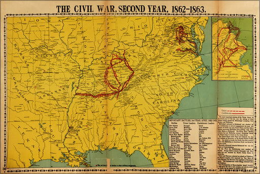 24"x36" Gallery Poster, map of civil war second year 1862-1863 pub 1919