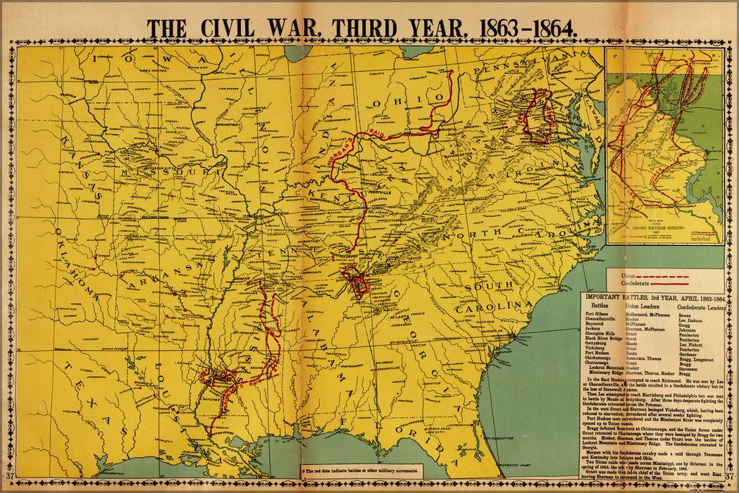 24"x36" Gallery Poster, map of civil war third year 1863-1864 pub 1919