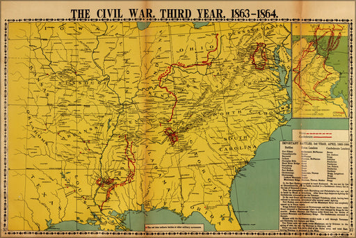 24"x36" Gallery Poster, map of civil war third year 1863-1864 pub 1919