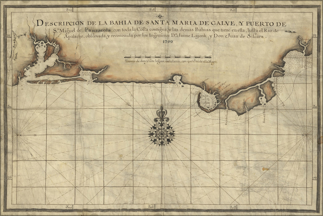 24"x36" Gallery Poster, map of coast of Florida Panhandle 1700 in spanish