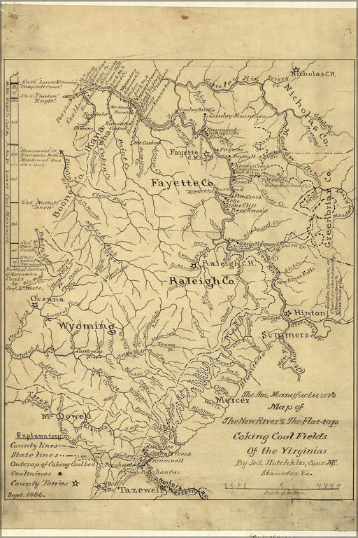 24"x36" Gallery Poster, map of coking coal fields of west virginia 1886