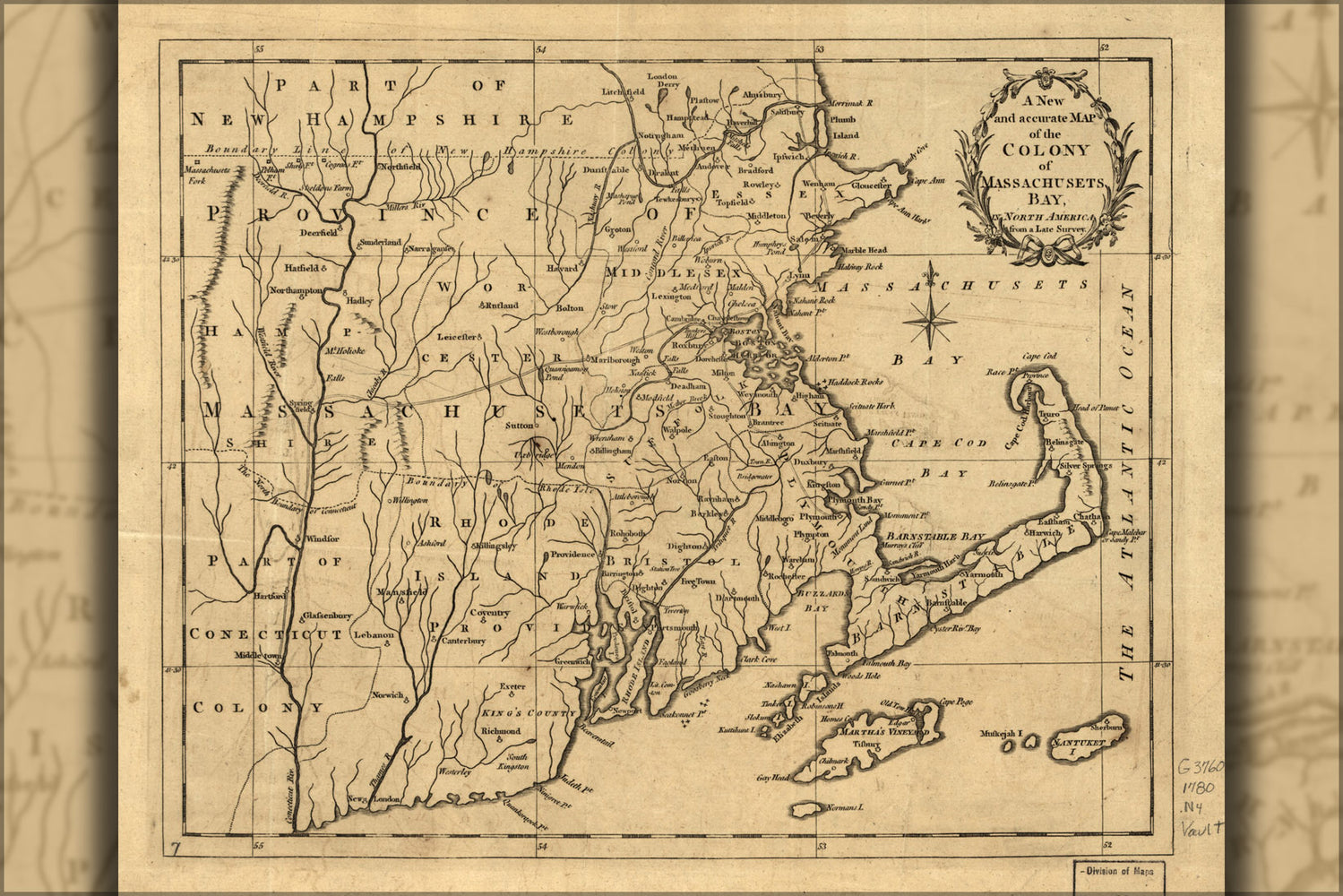 24"x36" Gallery Poster, map of colony of Massachusetts Bay 1780