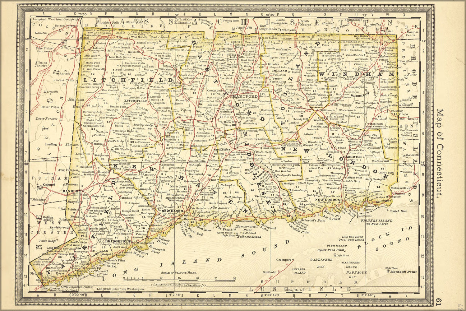 24"x36" Gallery Poster, map of connecticut 1881