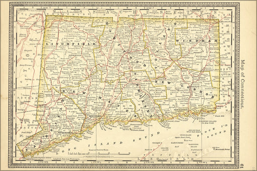 24"x36" Gallery Poster, map of connecticut 1881