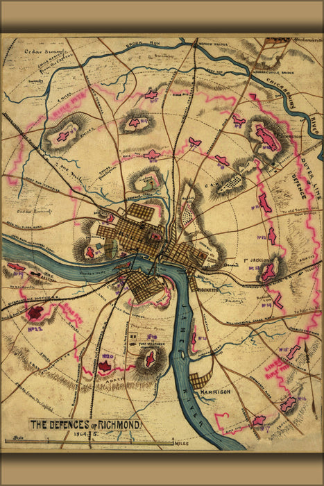 24"x36" Gallery Poster, map of defenses of Richmond virginia 1864