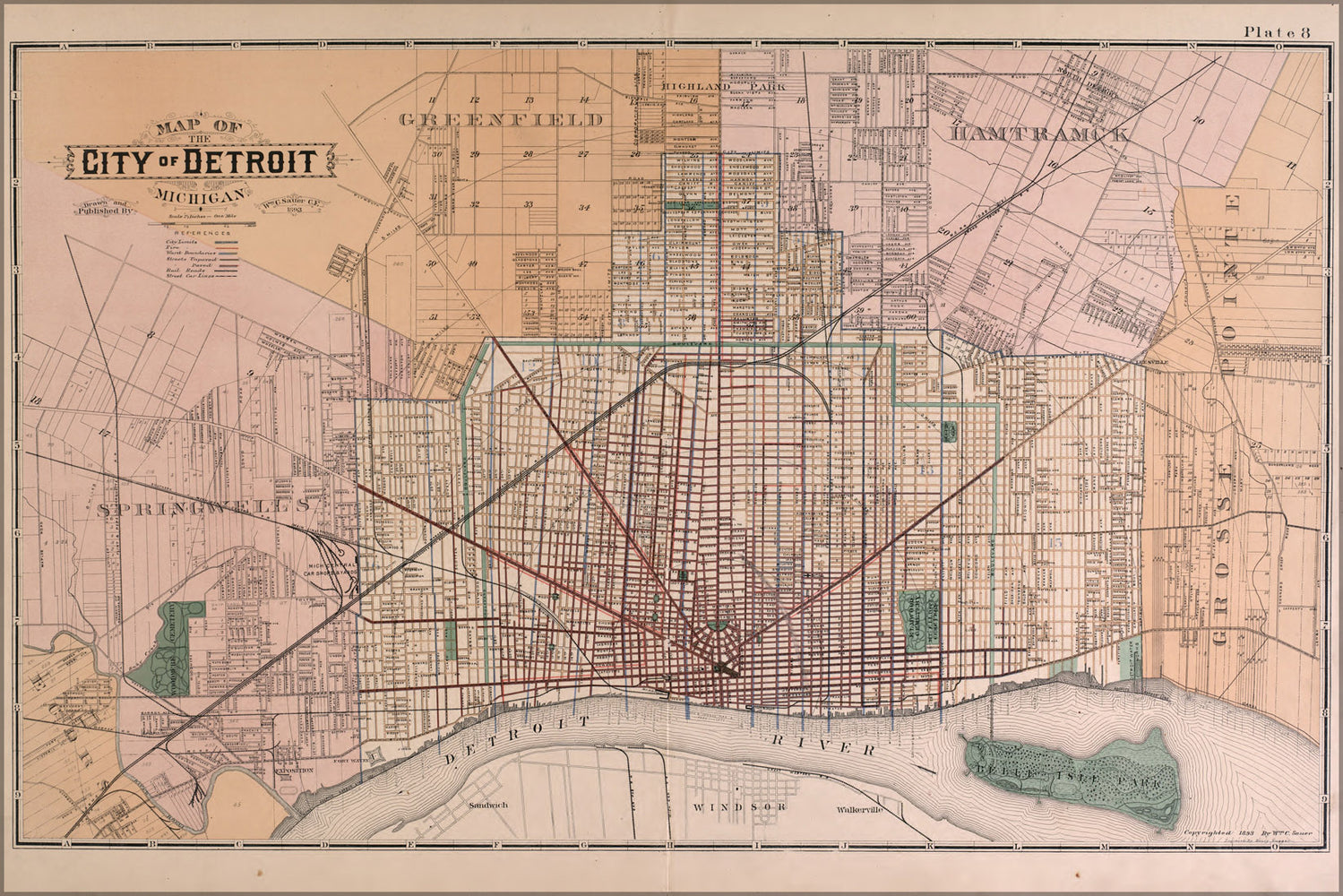 24"x36" Gallery Poster, map of detroit 1891