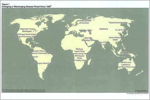 24"x36" Gallery Poster, map of emerging disease since 1990 sars west nile
