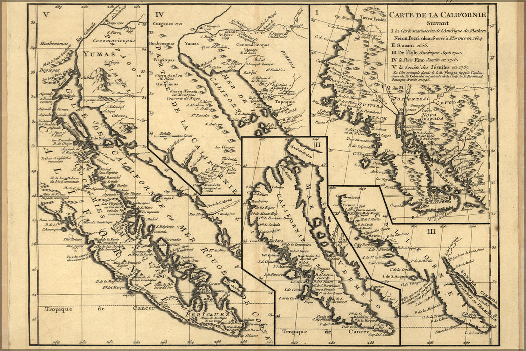 24"x36" Gallery Poster, map of five views of california 1770