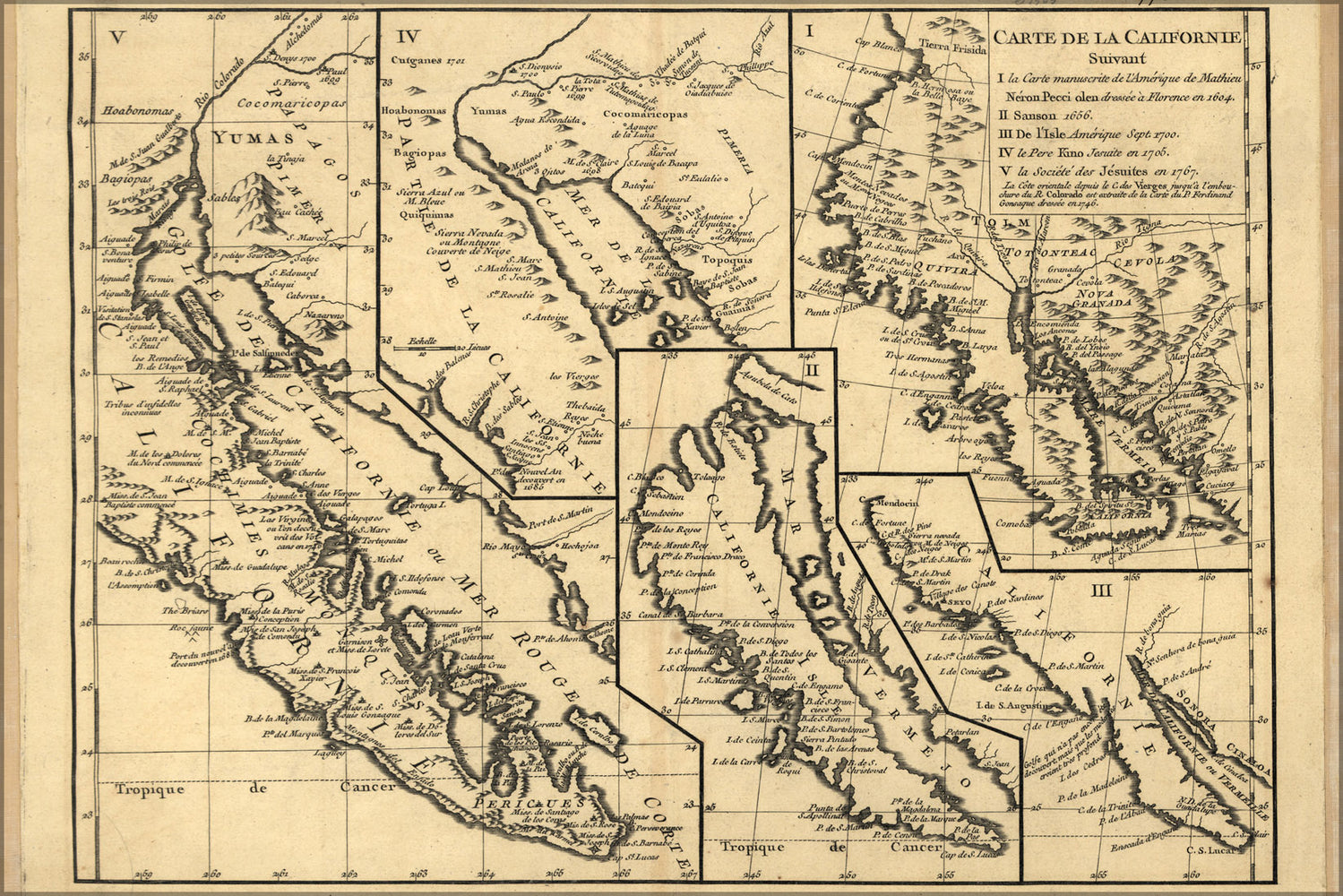 24"x36" Gallery Poster, map of five views of california 1770