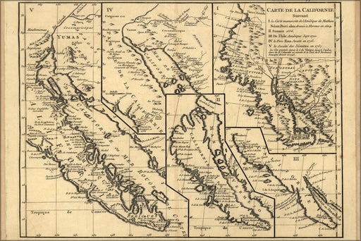 24"x36" Gallery Poster, map of five views of california 1770