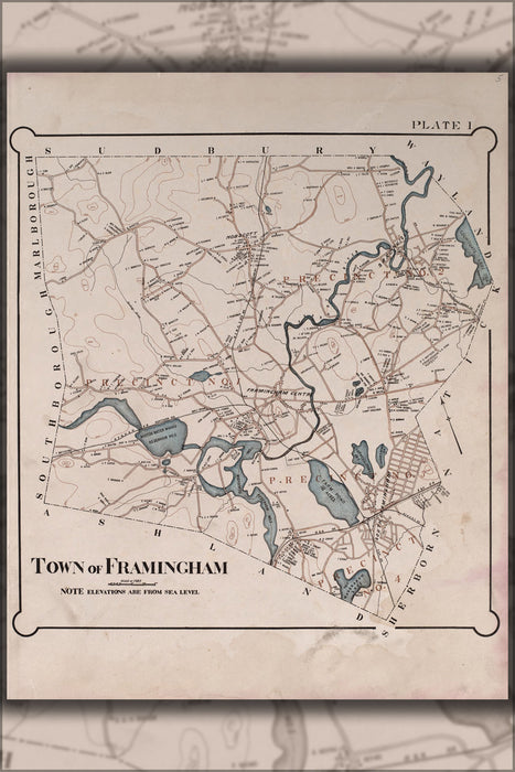 24"x36" Gallery Poster, map of framingham massachusetts 1895
